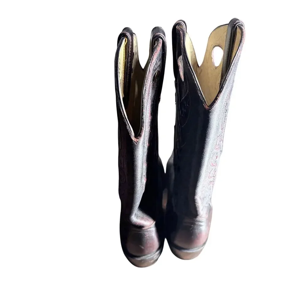 Vintage Durango Dark Cherry Black Leather Buckaroo Cowboy Boots Pointed Toe